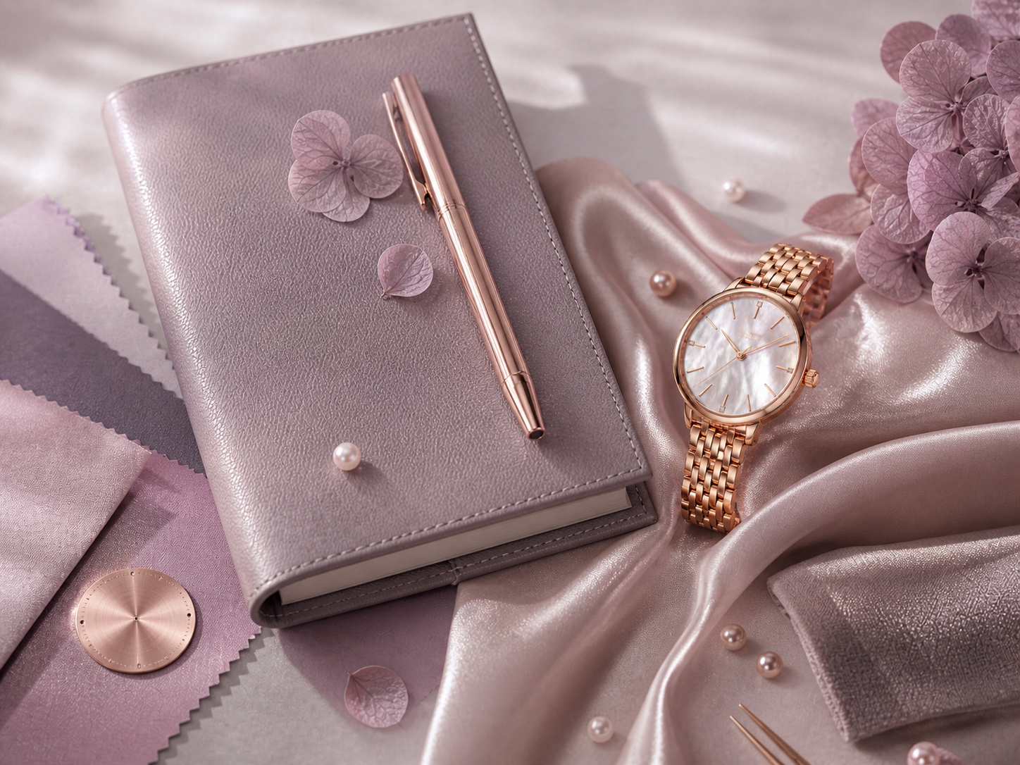 Elegant watch journal with rose-gold watch and lavender materials