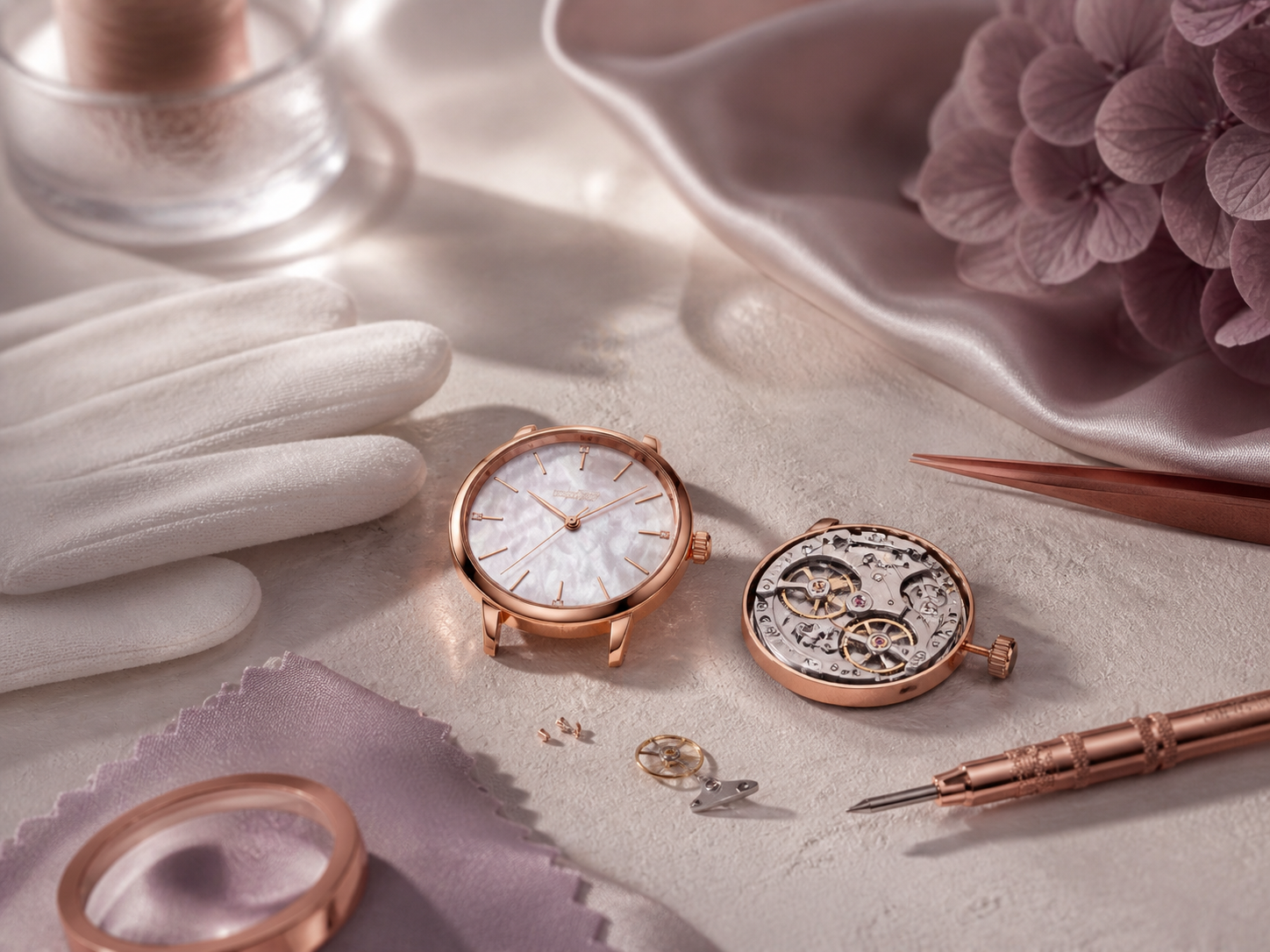 Restoration desk with rose-gold watch components